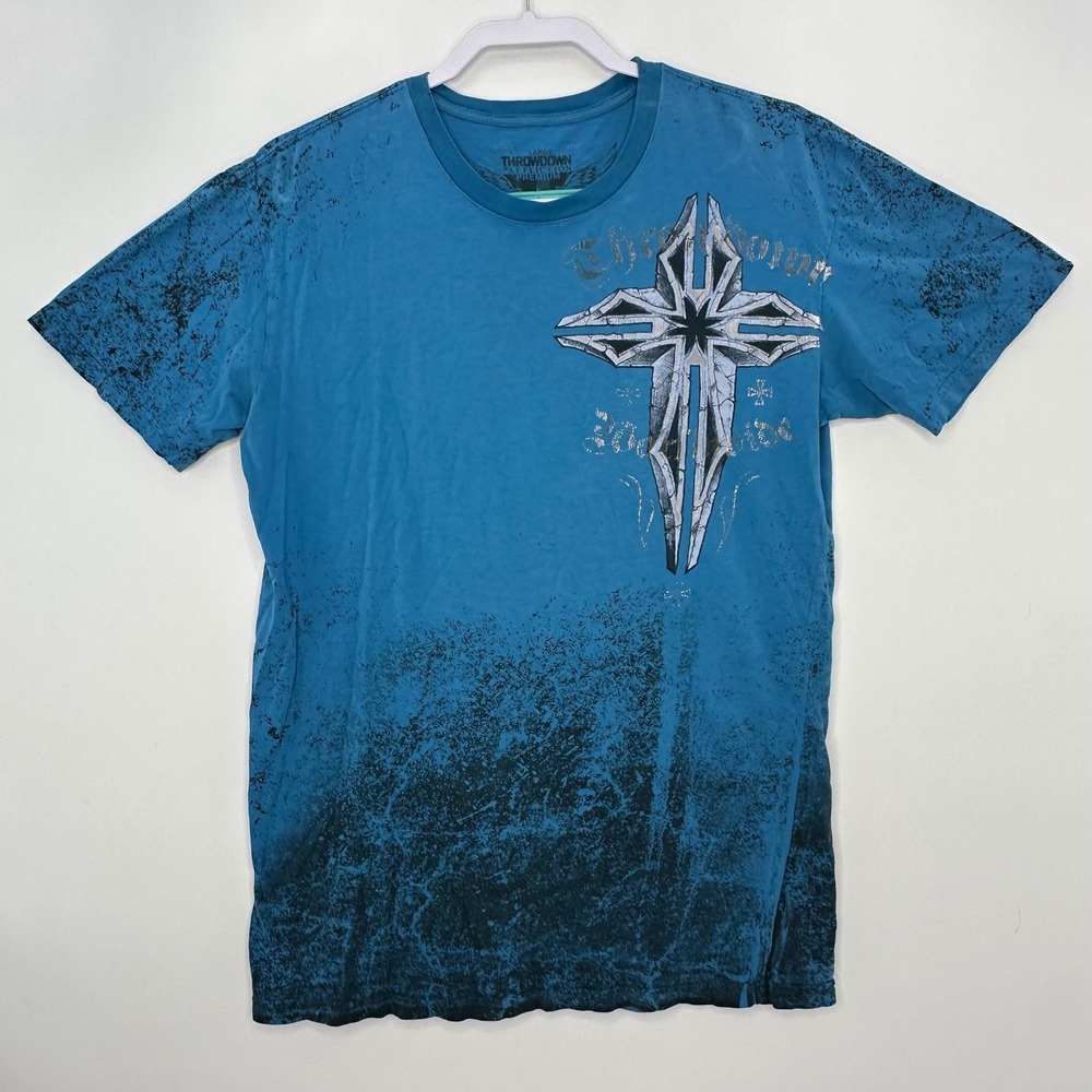 VTG Throwdown Premium Affliction T-Shirt Men L Y2K  Blue Graphic Cross Wings MMA